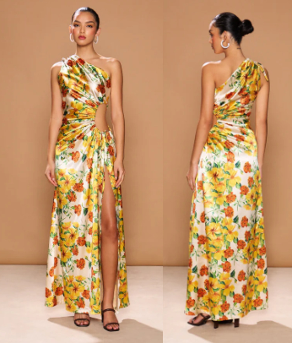 NWT Sonya Moda Nour Yarden Floral Satin One Shoulder Evening Dress Yellow Medium